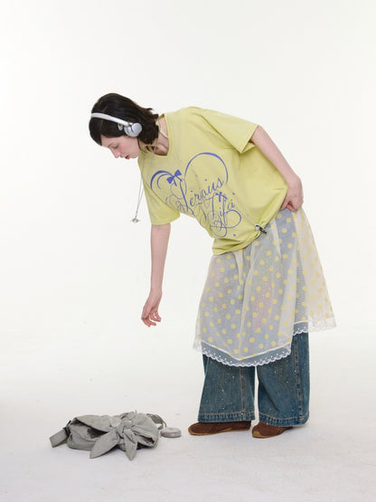 V-Neck Letter Print Loose Short-Sleeved T-Shirt Yellow【s0000016156】