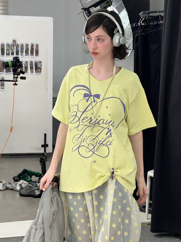 V-Neck Letter Print Loose Short-Sleeved T-Shirt Yellow【s0000016156】