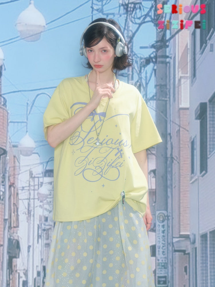 V-Neck Letter Print Loose Short-Sleeved T-Shirt Yellow【s0000016156】
