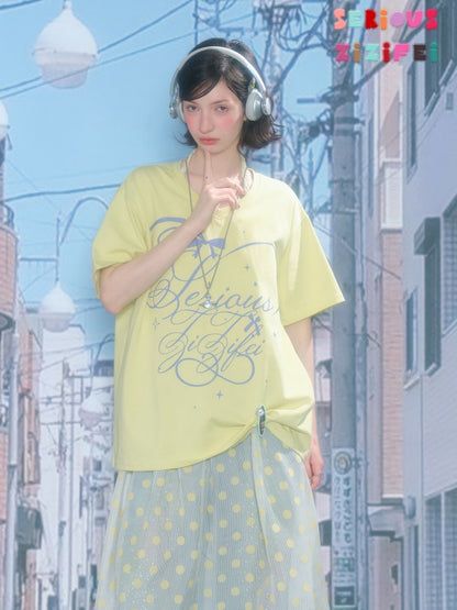 V-Neck Letter Print Loose Short-Sleeved T-Shirt Yellow【s0000016156】
