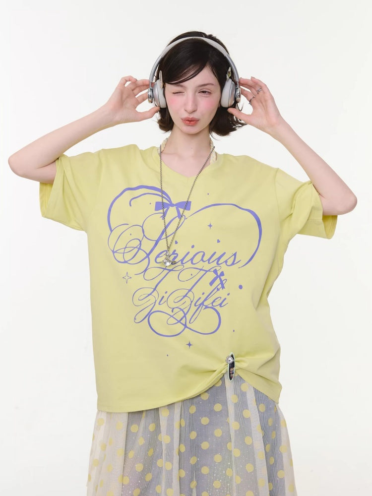 V-Neck Letter Print Loose Short-Sleeved T-Shirt Yellow【s0000016156】