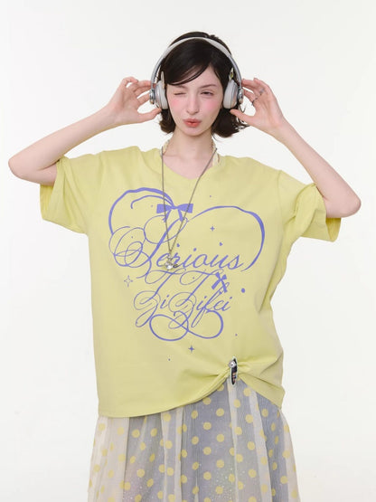 V-Neck Letter Print Loose Short-Sleeved T-Shirt Yellow【s0000016156】