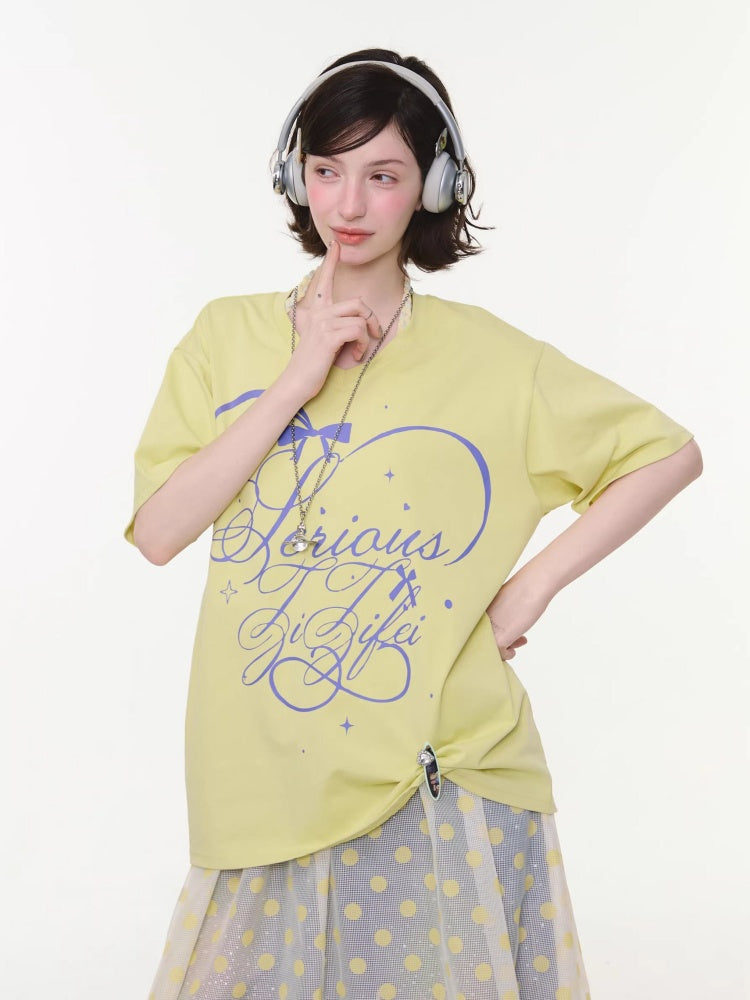 V-Neck Letter Print Loose Short-Sleeved T-Shirt Yellow【s0000016156】
