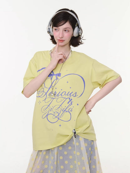 V-Neck Letter Print Loose Short-Sleeved T-Shirt Yellow【s0000016156】