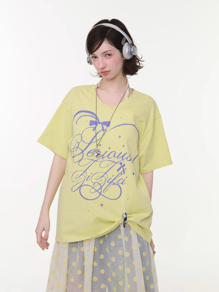 V-Neck Letter Print Loose Short-Sleeved T-Shirt Yellow【s0000016156】