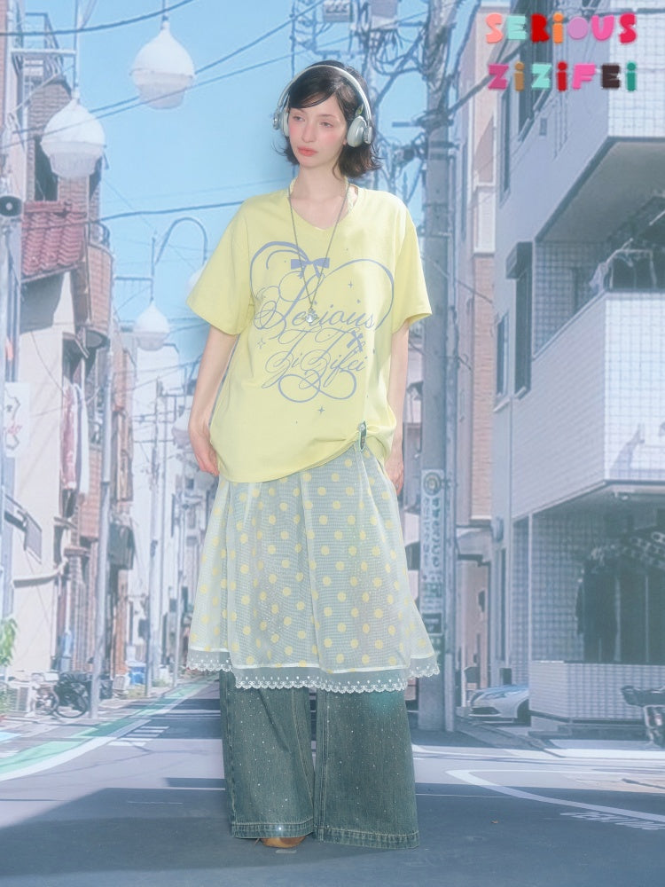 V-Neck Letter Print Loose Short-Sleeved T-Shirt Yellow【s0000016156】