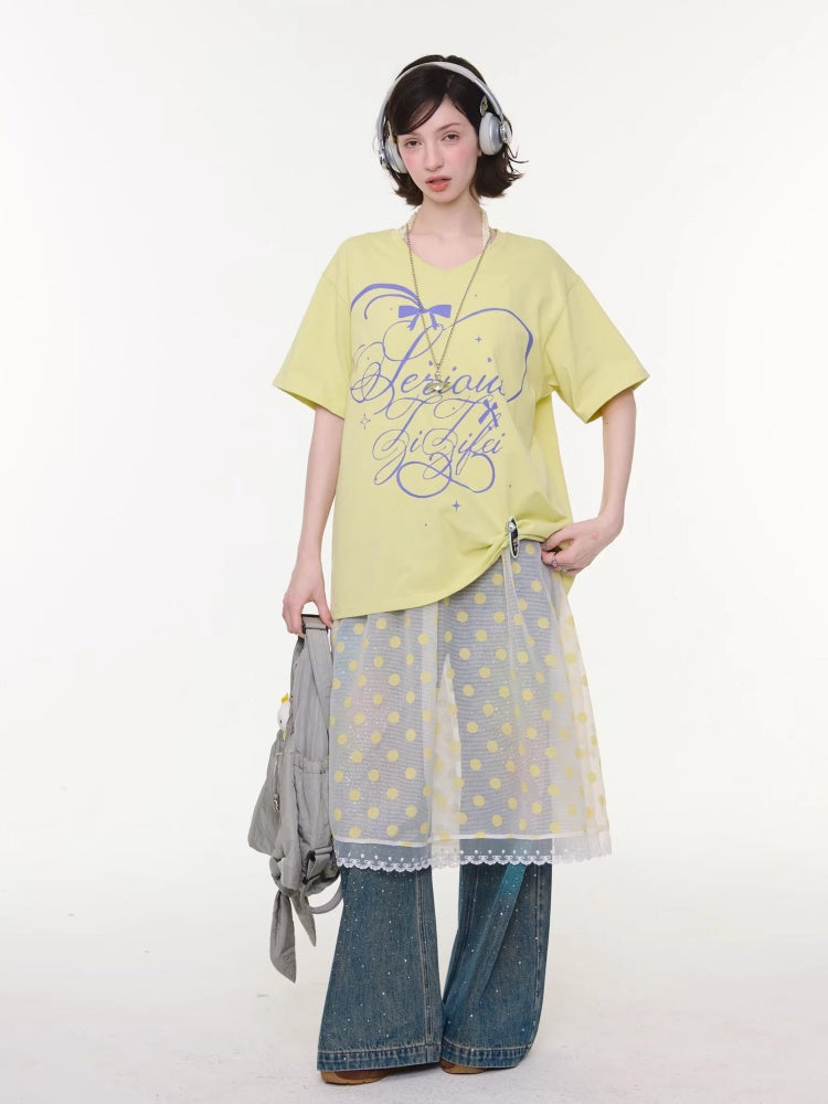 V-Neck Letter Print Loose Short-Sleeved T-Shirt Yellow【s0000016156】