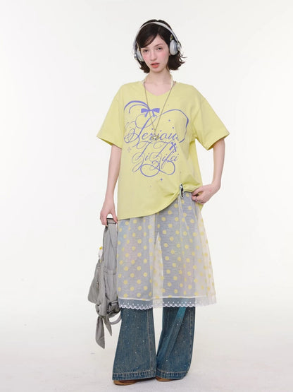 V-Neck Letter Print Loose Short-Sleeved T-Shirt Yellow【s0000016156】