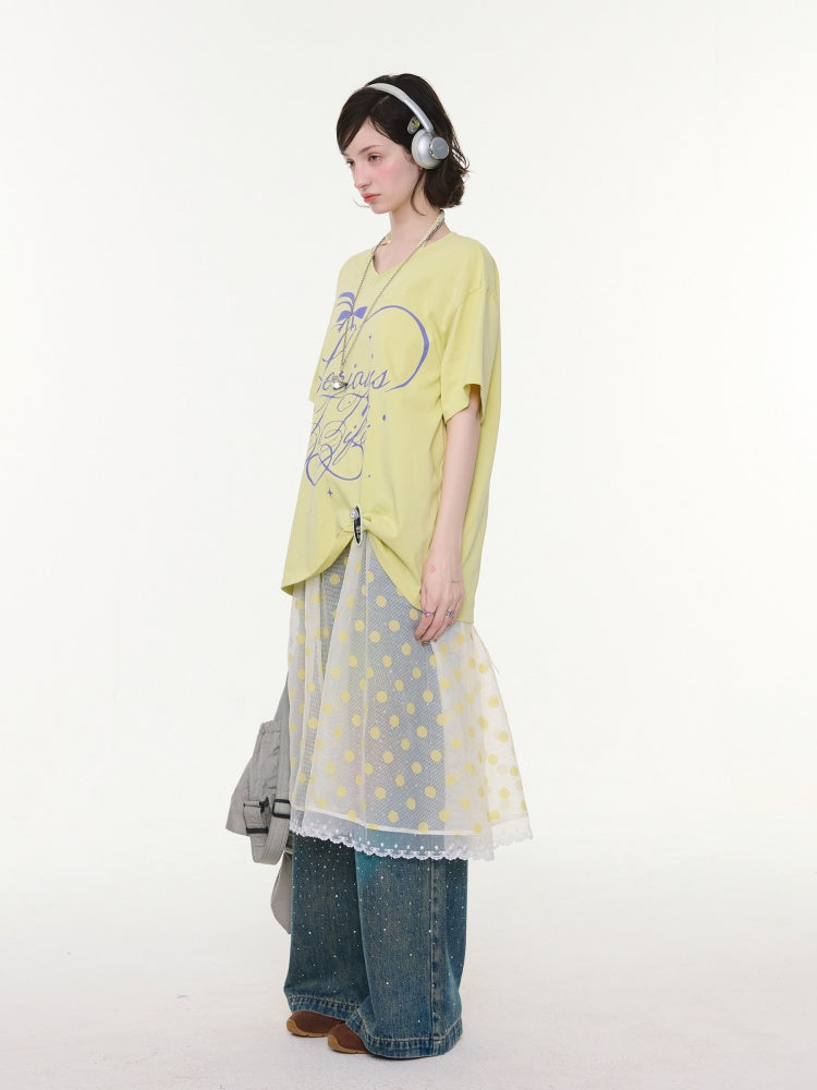 V-Neck Letter Print Loose Short-Sleeved T-Shirt Yellow【s0000016156】