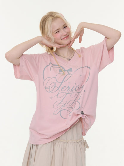 V-Neck Letter Print Loose Short-Sleeved T-Shirt Pink【s0000016157】