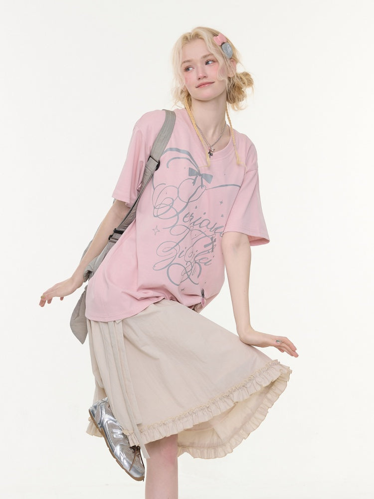 V-Neck Letter Print Loose Short-Sleeved T-Shirt Pink【s0000016157】