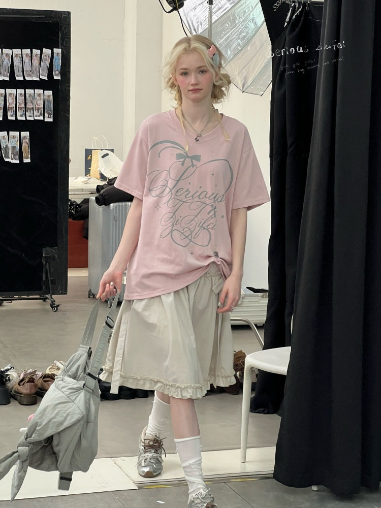 V-Neck Letter Print Loose Short-Sleeved T-Shirt Pink【s0000016157】