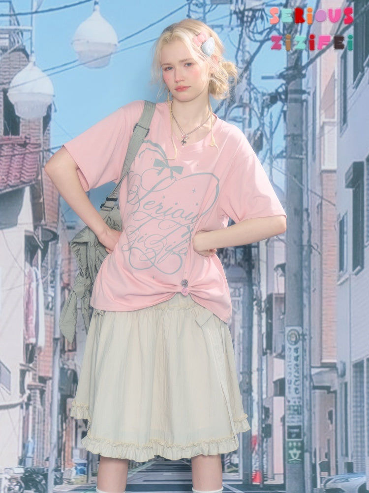 V-Neck Letter Print Loose Short-Sleeved T-Shirt Pink【s0000016157】