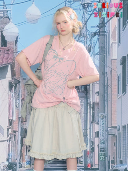 V-Neck Letter Print Loose Short-Sleeved T-Shirt Pink【s0000016157】