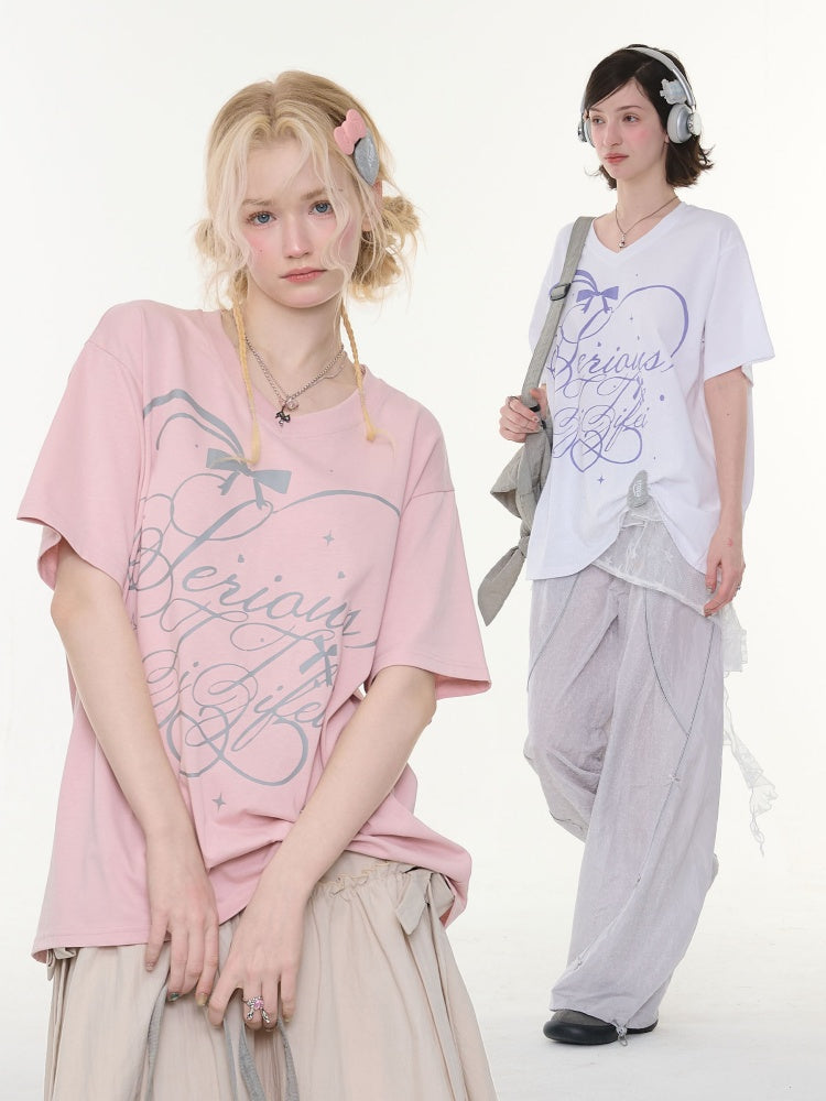 V-Neck Letter Print Loose Short-Sleeved T-Shirt Pink【s0000016157】
