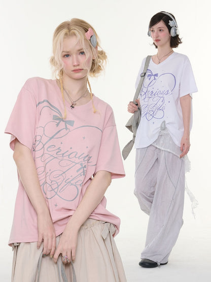 V-Neck Letter Print Loose Short-Sleeved T-Shirt Pink【s0000016157】