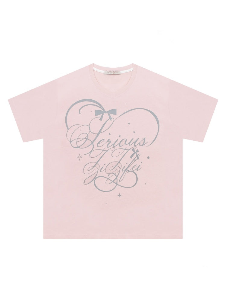 V-Neck Letter Print Loose Short-Sleeved T-Shirt Pink【s0000016157】