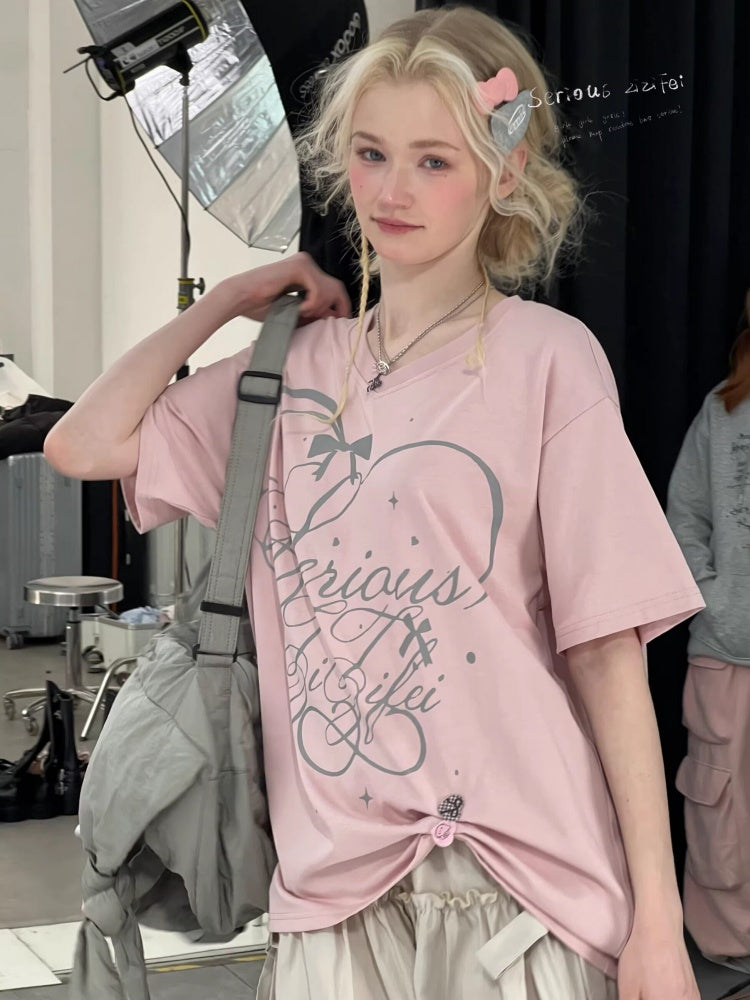V-Neck Letter Print Loose Short-Sleeved T-Shirt Pink【s0000016157】