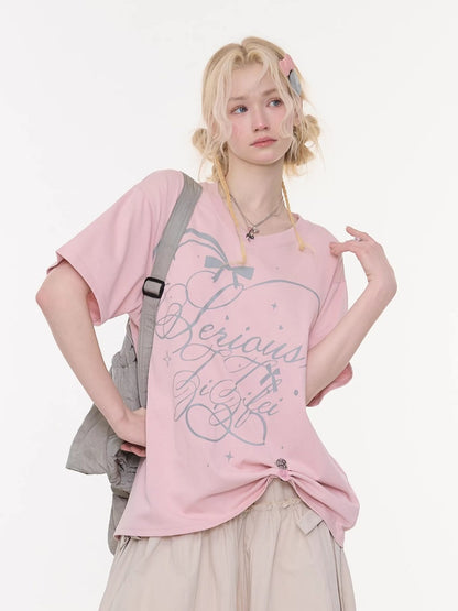 V-Neck Letter Print Loose Short-Sleeved T-Shirt Pink【s0000016157】