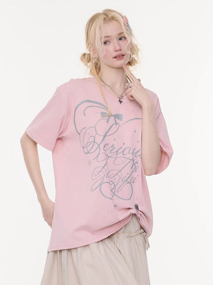 V-Neck Letter Print Loose Short-Sleeved T-Shirt Pink【s0000016157】