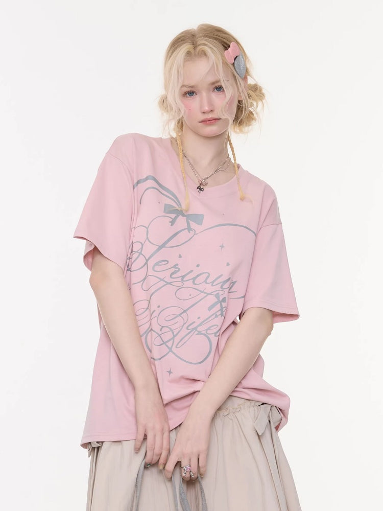 V-Neck Letter Print Loose Short-Sleeved T-Shirt Pink【s0000016157】