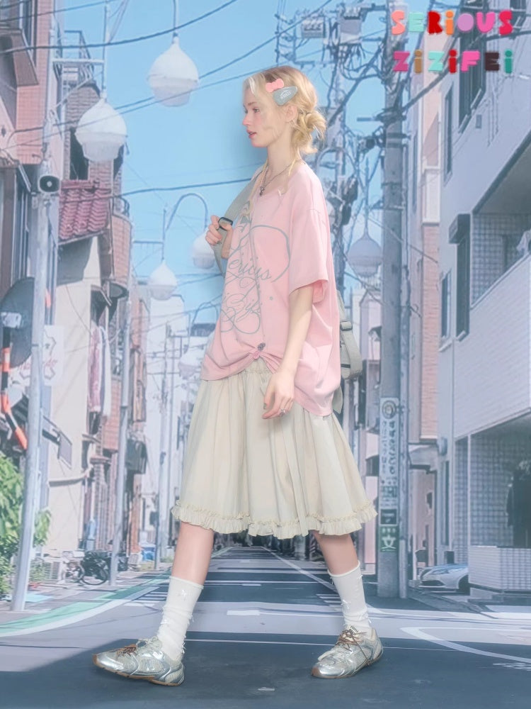V-Neck Letter Print Loose Short-Sleeved T-Shirt Pink【s0000016157】