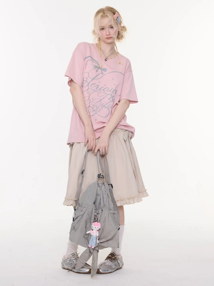 V-Neck Letter Print Loose Short-Sleeved T-Shirt Pink【s0000016157】