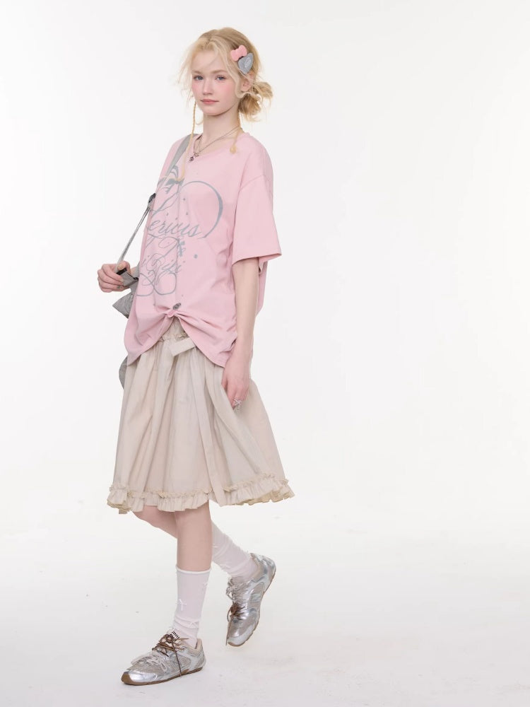 V-Neck Letter Print Loose Short-Sleeved T-Shirt Pink【s0000016157】