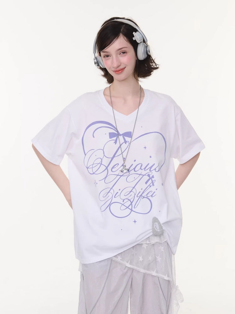 V-Neck Letter Print Loose Short-Sleeved T-Shirt White【s0000016158】