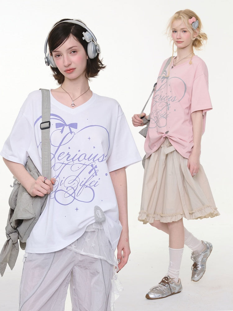 V-Neck Letter Print Loose Short-Sleeved T-Shirt White【s0000016158】