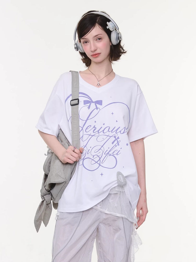 V-Neck Letter Print Loose Short-Sleeved T-Shirt White【s0000016158】