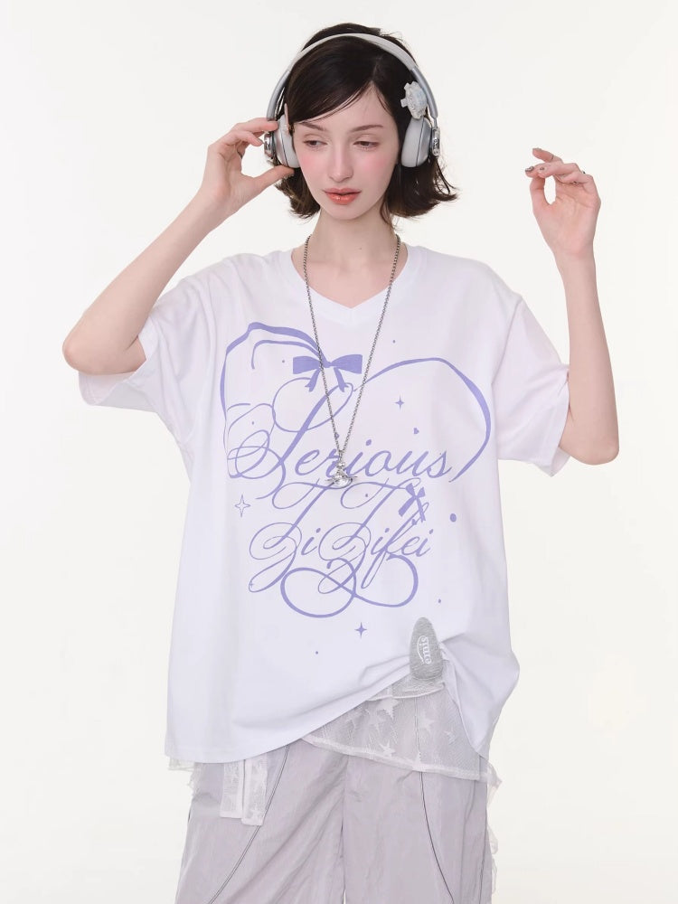 V-Neck Letter Print Loose Short-Sleeved T-Shirt White【s0000016158】