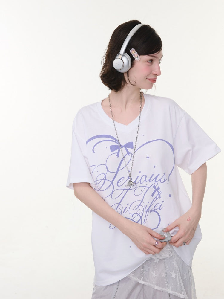 V-Neck Letter Print Loose Short-Sleeved T-Shirt White【s0000016158】