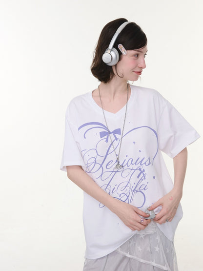 V-Neck Letter Print Loose Short-Sleeved T-Shirt White【s0000016158】
