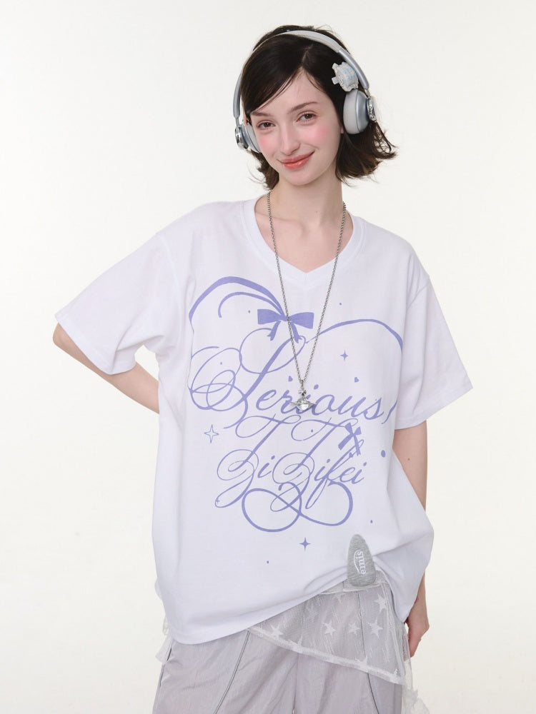 V-Neck Letter Print Loose Short-Sleeved T-Shirt White【s0000016158】