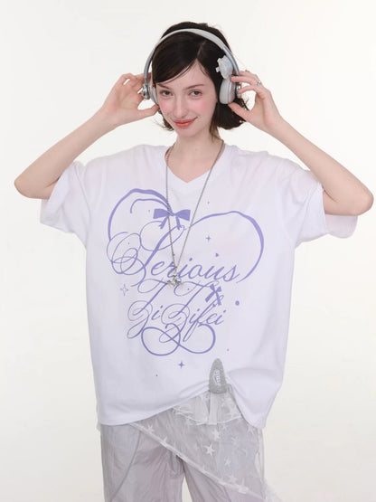 V-Neck Letter Print Loose Short-Sleeved T-Shirt White【s0000016158】