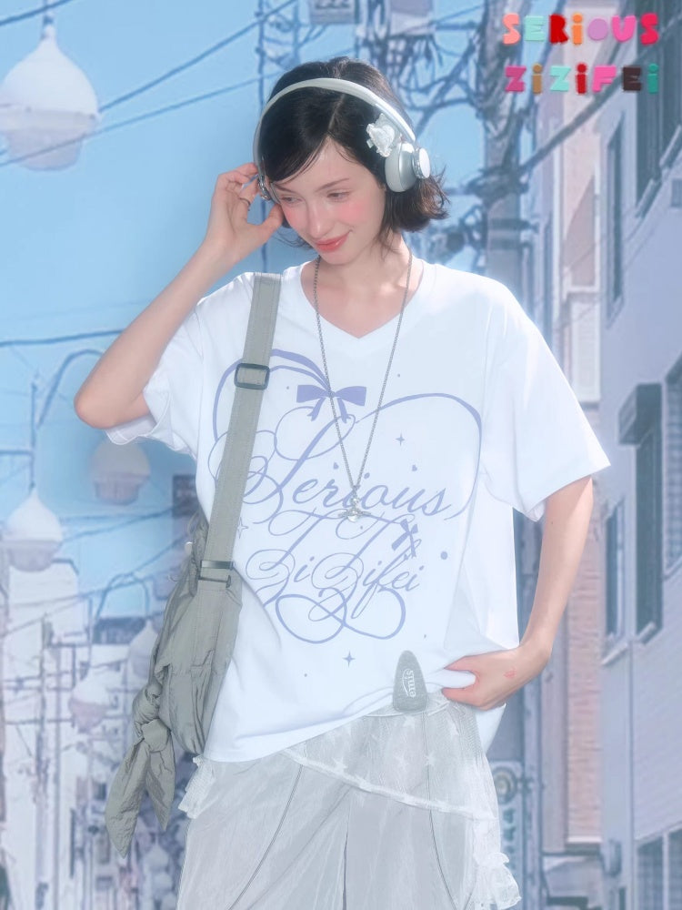 V-Neck Letter Print Loose Short-Sleeved T-Shirt White【s0000016158】