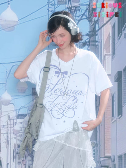 V-Neck Letter Print Loose Short-Sleeved T-Shirt White【s0000016158】