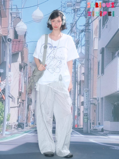 V-Neck Letter Print Loose Short-Sleeved T-Shirt White【s0000016158】