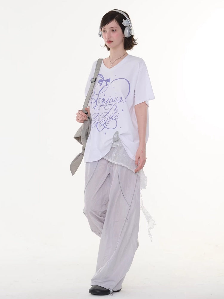 V-Neck Letter Print Loose Short-Sleeved T-Shirt White【s0000016158】