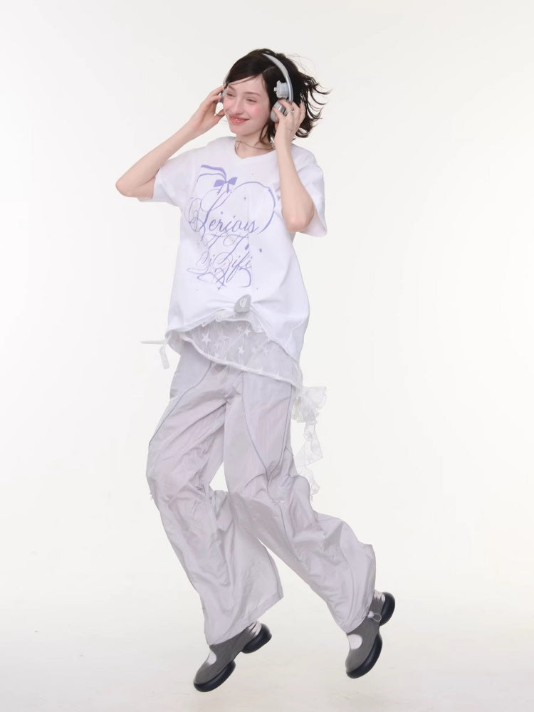 V-Neck Letter Print Loose Short-Sleeved T-Shirt White【s0000016158】