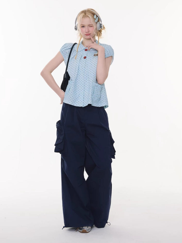 Polka Dot Retro Doll Collar Short Sleeve Shirt Light Blue【s0000016159】