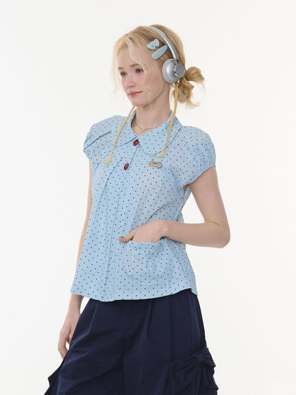Polka Dot Retro Doll Collar Short Sleeve Shirt Light Blue【s0000016159】