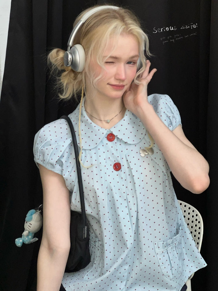 Polka Dot Retro Doll Collar Short Sleeve Shirt Light Blue【s0000016159】