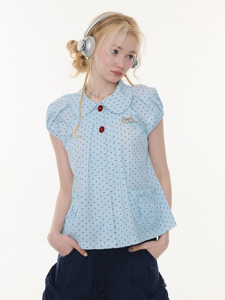 Polka Dot Retro Doll Collar Short Sleeve Shirt Light Blue【s0000016159】