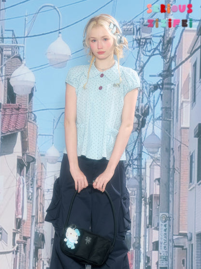 Polka Dot Retro Doll Collar Short Sleeve Shirt Light Blue【s0000016159】