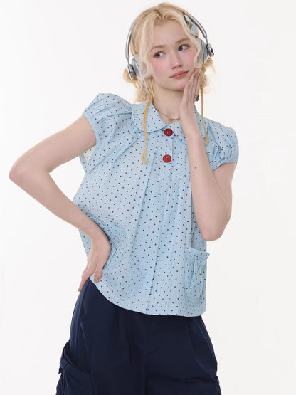 Polka Dot Retro Doll Collar Short Sleeve Shirt Light Blue【s0000016159】