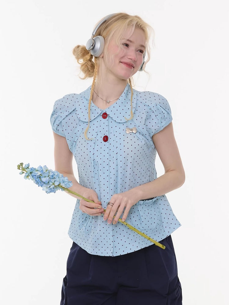 Polka Dot Retro Doll Collar Short Sleeve Shirt Light Blue【s0000016159】