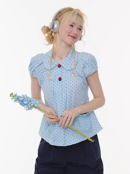 Polka Dot Retro Doll Collar Short Sleeve Shirt Light Blue【s0000016159】