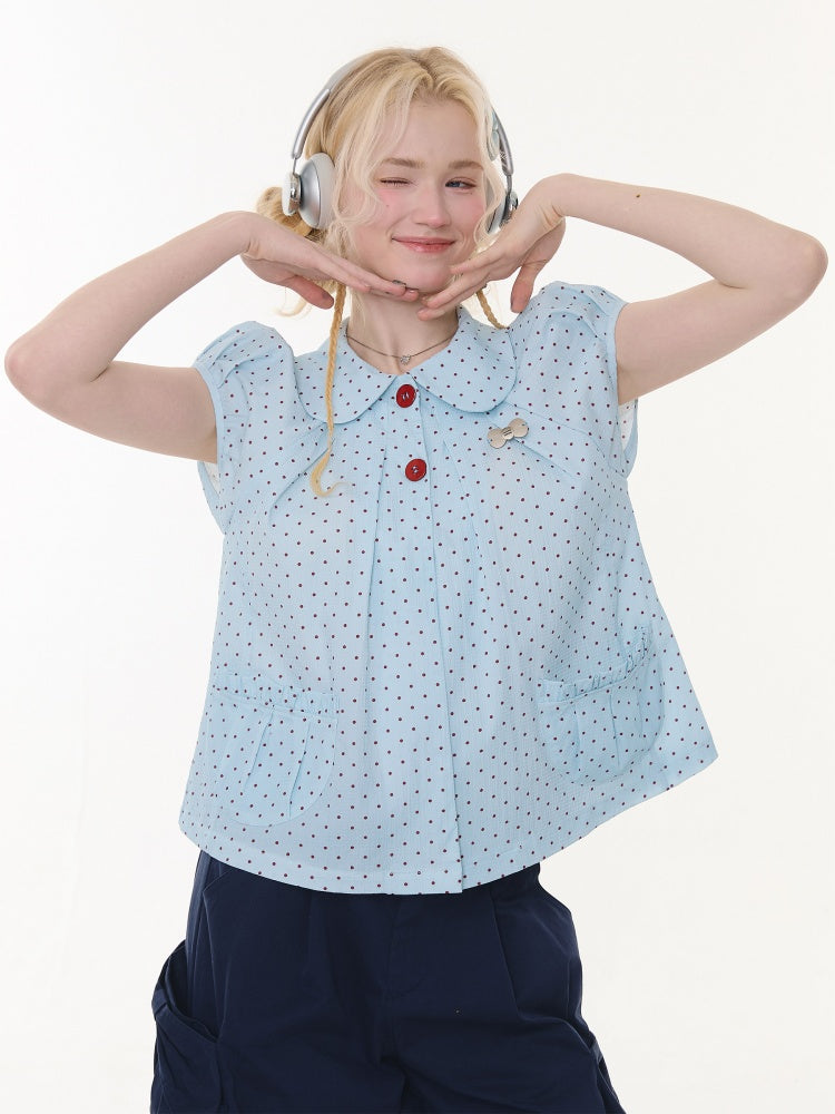 Polka Dot Retro Doll Collar Short Sleeve Shirt Light Blue【s0000016159】